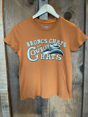 Broncs, Chaps, and Cowboy Hats Womens Tee Cognac/Color