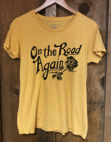 On the Road Again Womens Tee Gold Dust/Blk
