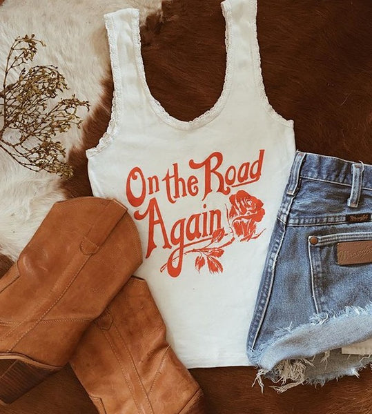 On The Road Again Vintage Lace Tank, White/Red