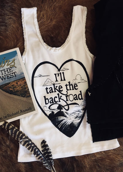 I'll Take The Back Road Lace Tank White/Blk