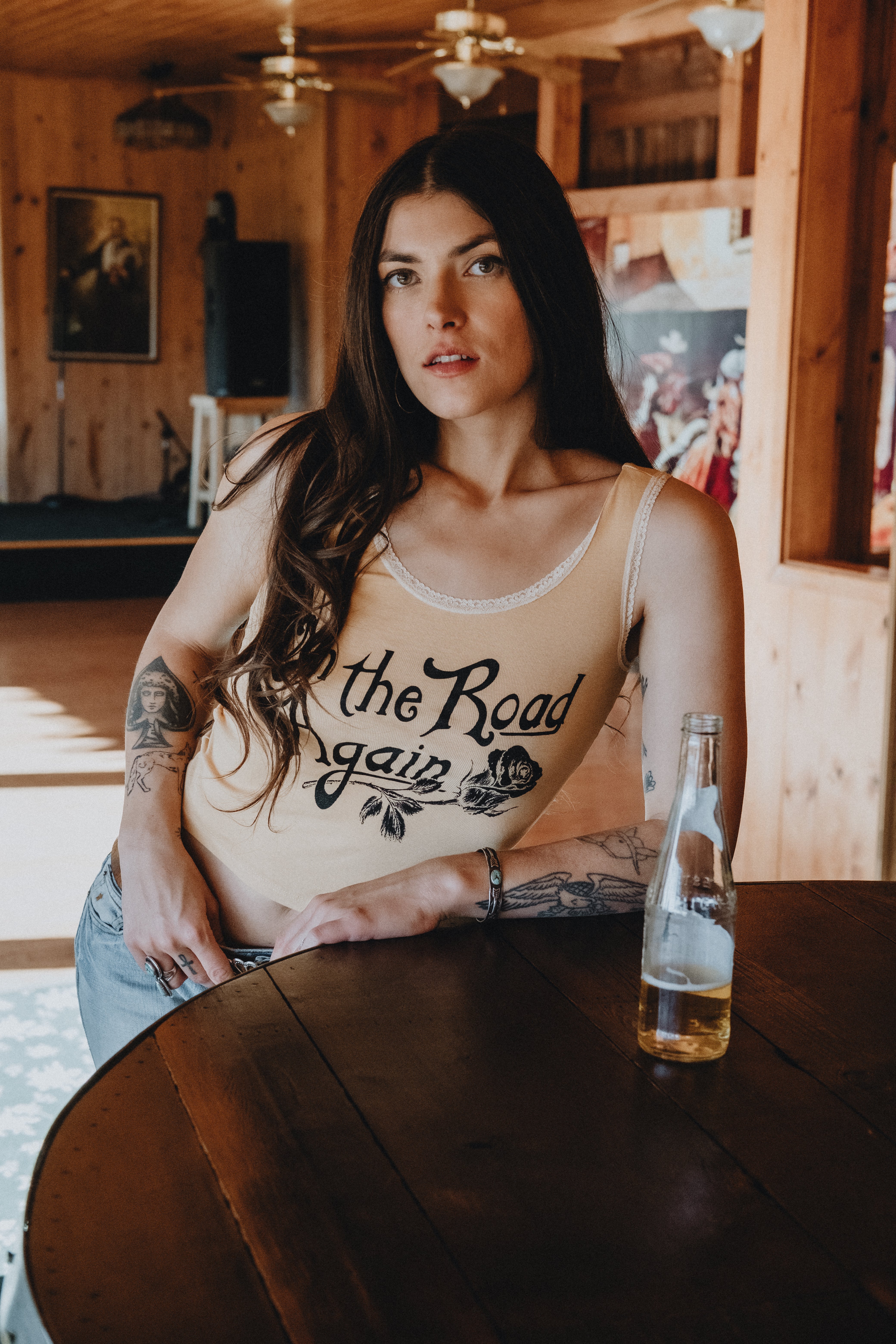 On The Road Again Lace Tank Gold Dust/Blk