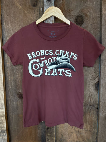 Broncs, Chaps, and Cowboy Hats Womens Tee Rust/White