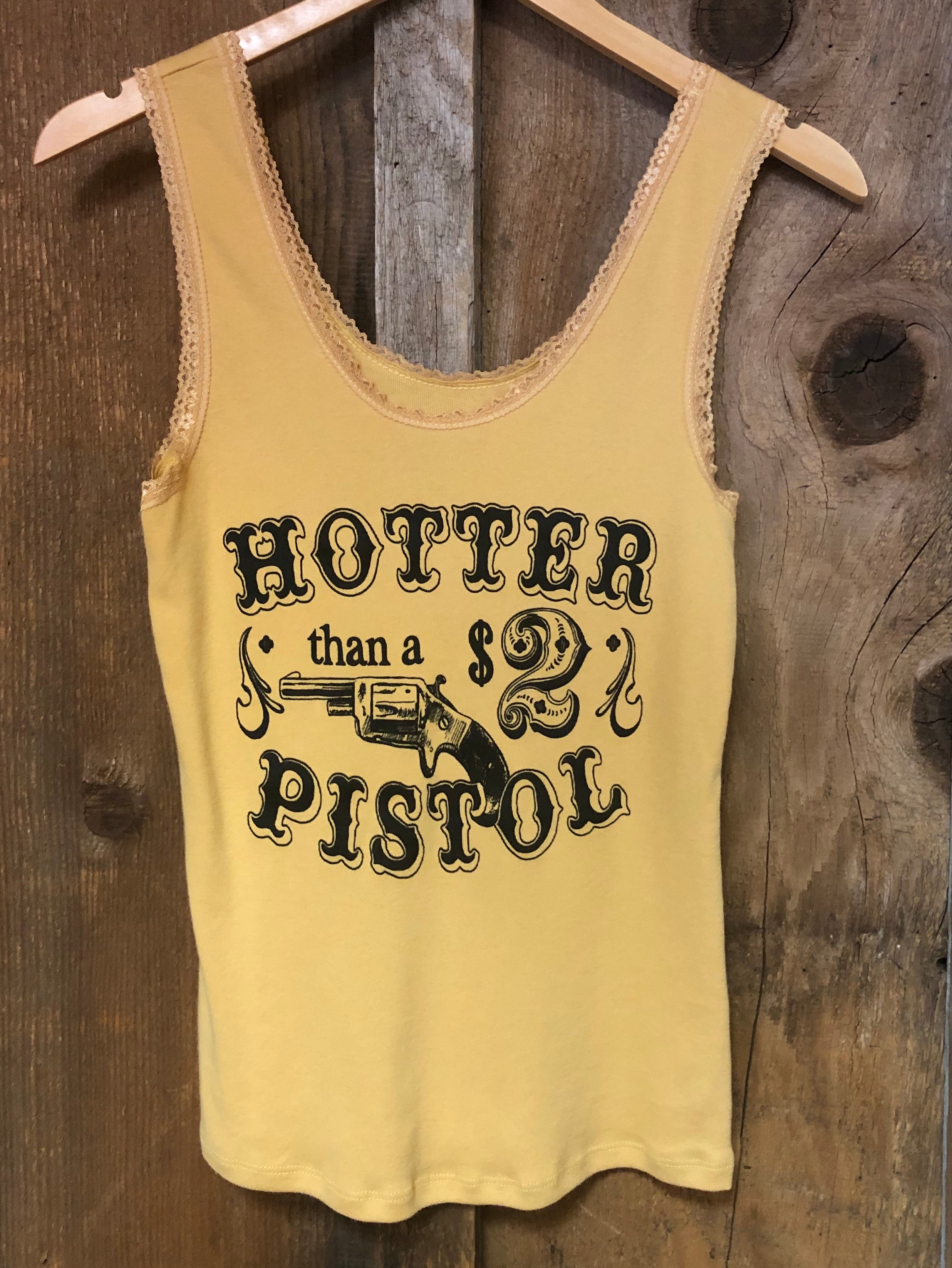 Hotter than a $2 Pistol Lace Tank Gold Dust/Blk