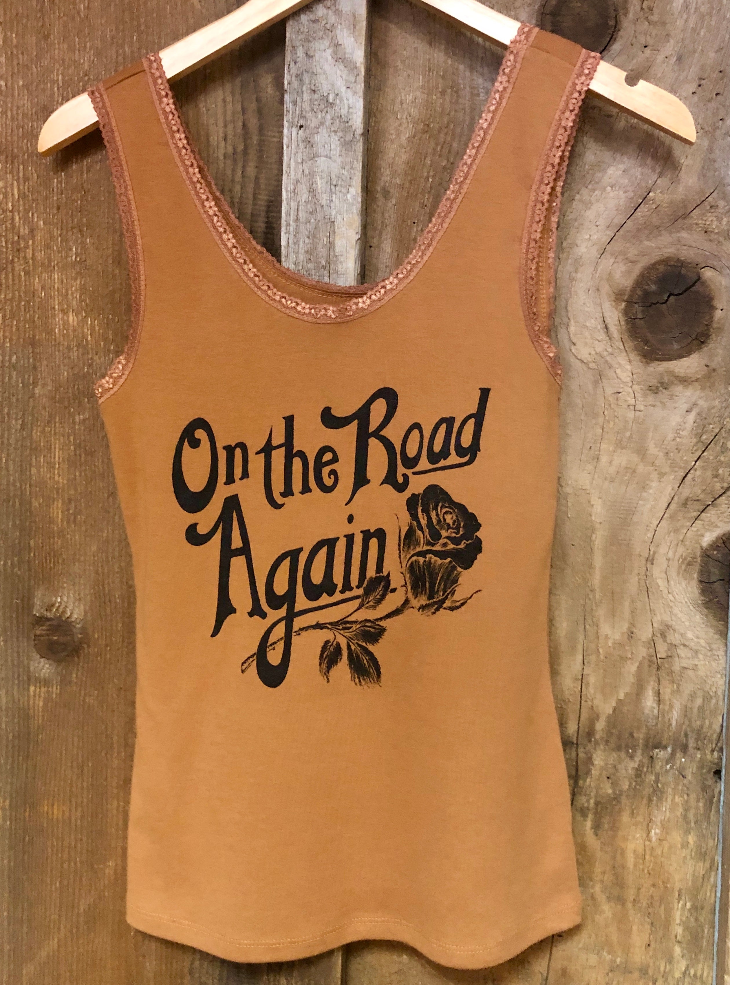On the Road Again Lace Tank Cognac/Blk