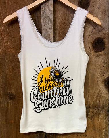 Raised on Country Sunshine Lace Tank Wht/Blk