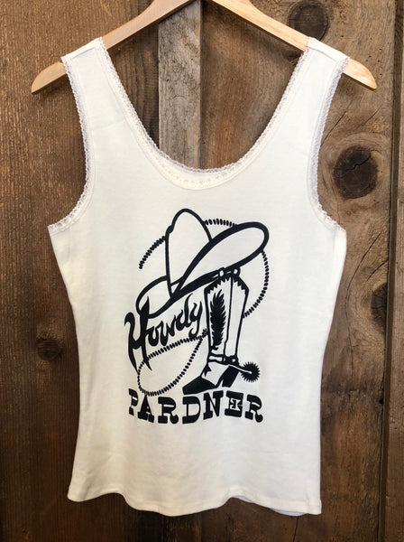 Howdy Pardner Lace Tank White/Blk
